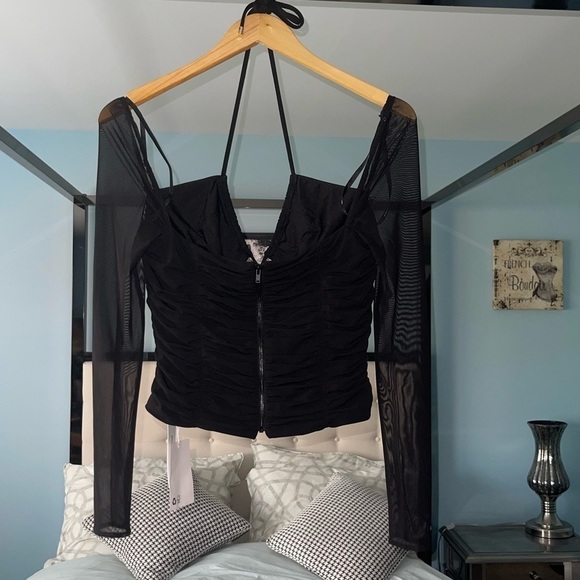 NEW Self-Portrait Gathered Detailed Top Criss Cross Open Keyhole Halter Mesh 6 - Picture 7 of 12